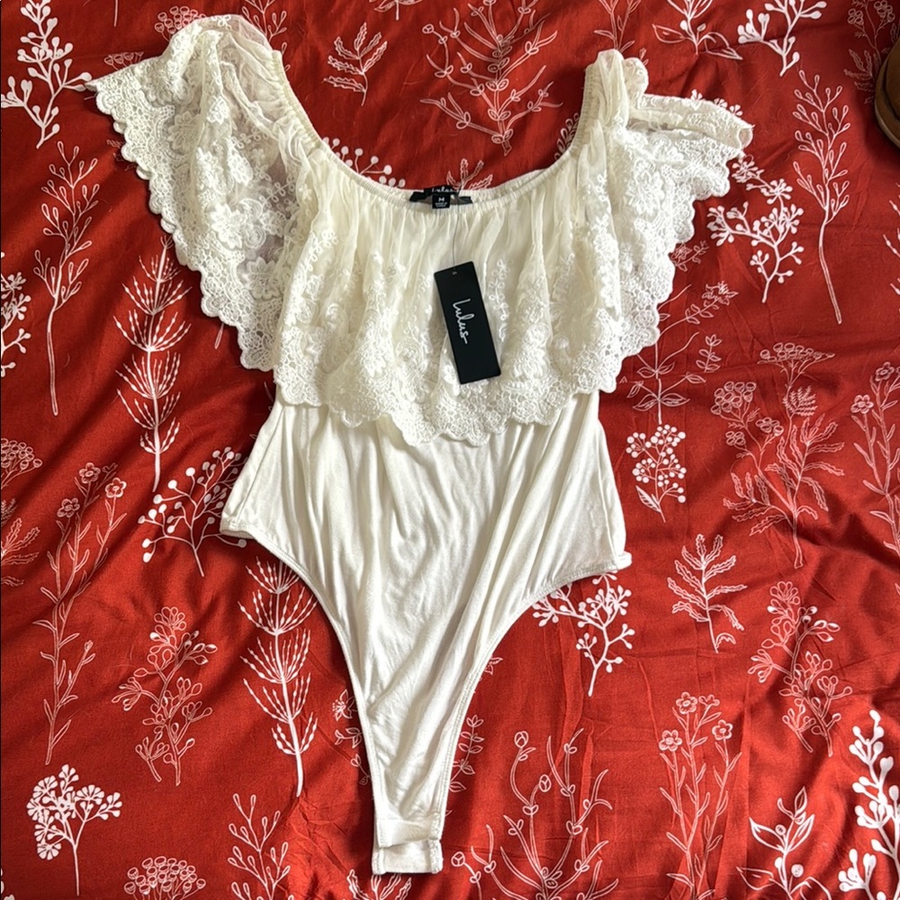 Lulu's White Lace Ruffle Bodysuit